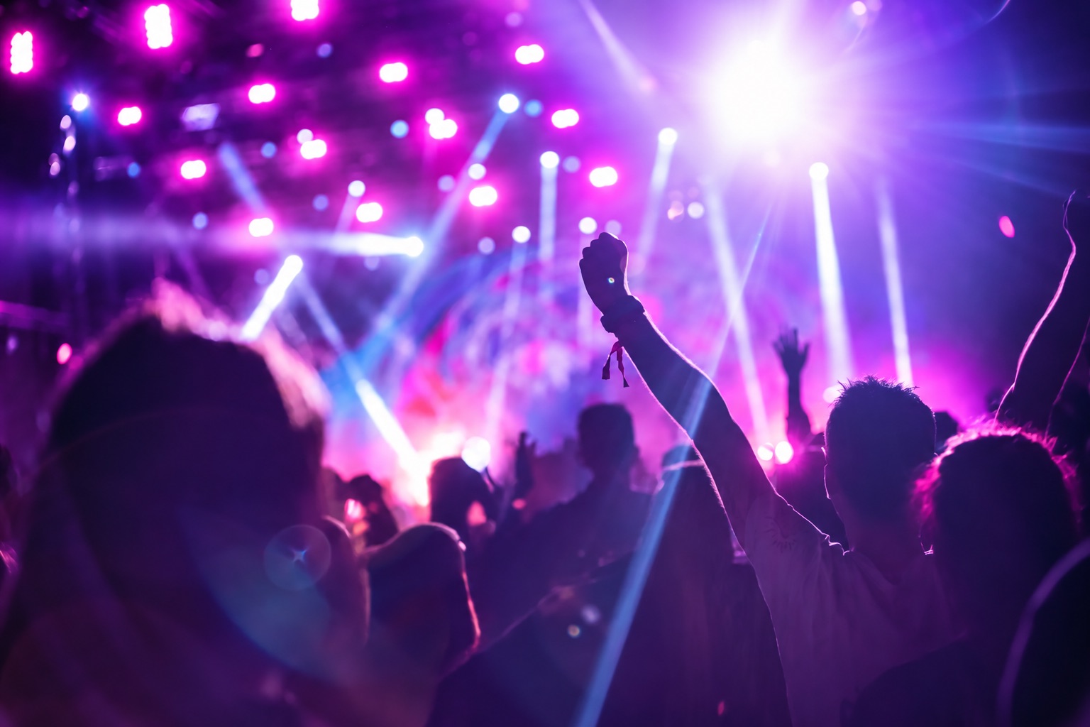 Fans watching a live performance under purple stage lights