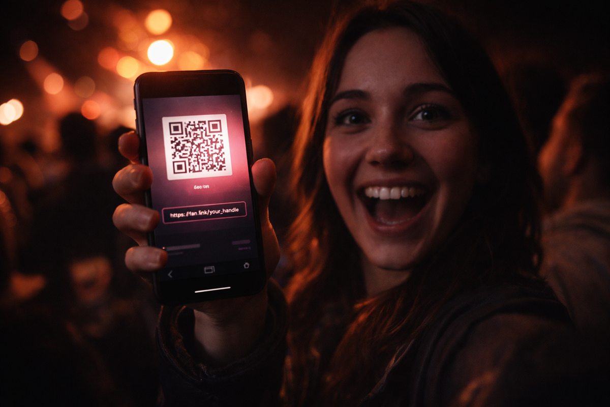 A fan at a live show holding up a phone showing a scan code that links to an artist's page.