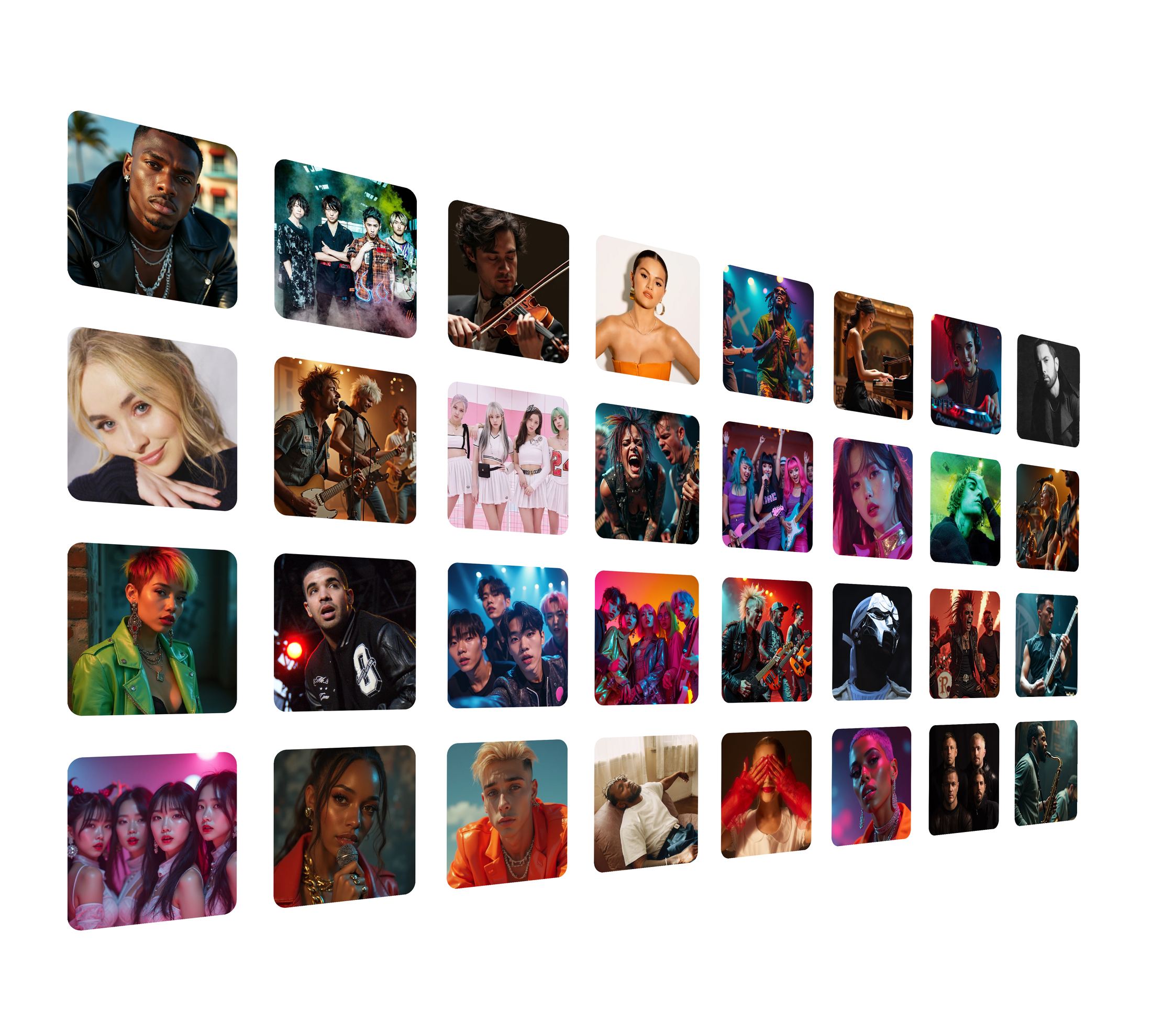 A wall of artists across many genres — bands, soloists, rappers, classical players, K-pop groups and DJs.
